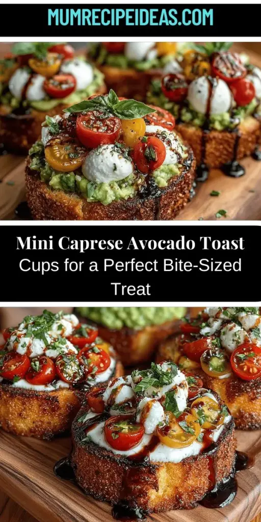 Discover the delightful Mini Caprese Avocado Toast Cups—a vibrant twist on the beloved avocado toast! Combining creamy avocado, sweet cherry tomatoes, fresh mozzarella, and aromatic basil, these bite-sized cups are perfect for brunches or snacks. With a crispy bread base and a drizzle of balsamic glaze for that finishing touch, this recipe will impress your guests and elevate any gathering. Easy to make and bursting with flavor, they are a must-try for any occasion!