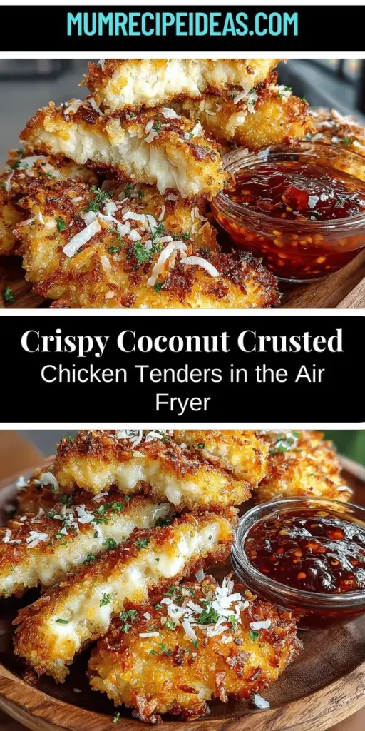 Elevate your meal with Coconut Crusted Air Fryer Chicken Tenders, a delicious spin on the classic dish that everyone loves. This recipe features juicy chicken that's coated in a crunchy mix of unsweetened coconut and panko breadcrumbs, delivering a crispy texture without the added oil from traditional frying. Perfect for family gatherings or a weeknight dinner, these tenders are both nutritious and simple to make. Serve them with your favorite dipping sauces for an irresistible treat!