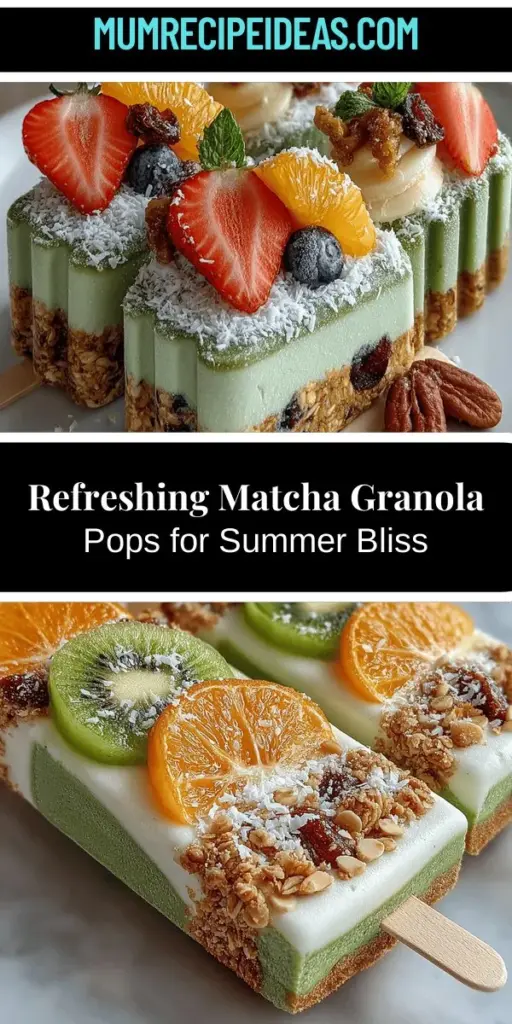 Beat the heat this summer with delicious Frozen Yogurt Matcha Granola Pops! These refreshing treats combine creamy Greek yogurt, antioxidant-rich matcha powder, and crunchy granola for a perfect balance of flavors and textures. Easy to make and customizable, they cater to various dietary preferences, making them a fun treat for the whole family. Enjoy a guilt-free dessert packed with protein and nutrients to keep you cool on warm days!