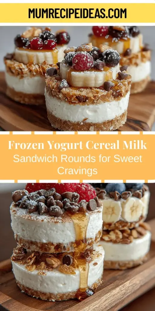 Discover the delightful Frozen Yogurt Cereal Milk Sandwich Rounds, a perfect blend of creamy yogurt, crunchy cereal, and fresh fruit! This innovative treat transforms breakfast favorites into a frozen dessert that's fun for all ages. Easy to make, these sandwiches are ideal for snack time, warm days, or a quick breakfast. With healthy ingredients like Greek yogurt and seasonal fruits, you can indulge without the guilt. Enjoy a tasty, refreshing twist on your favorite flavors!