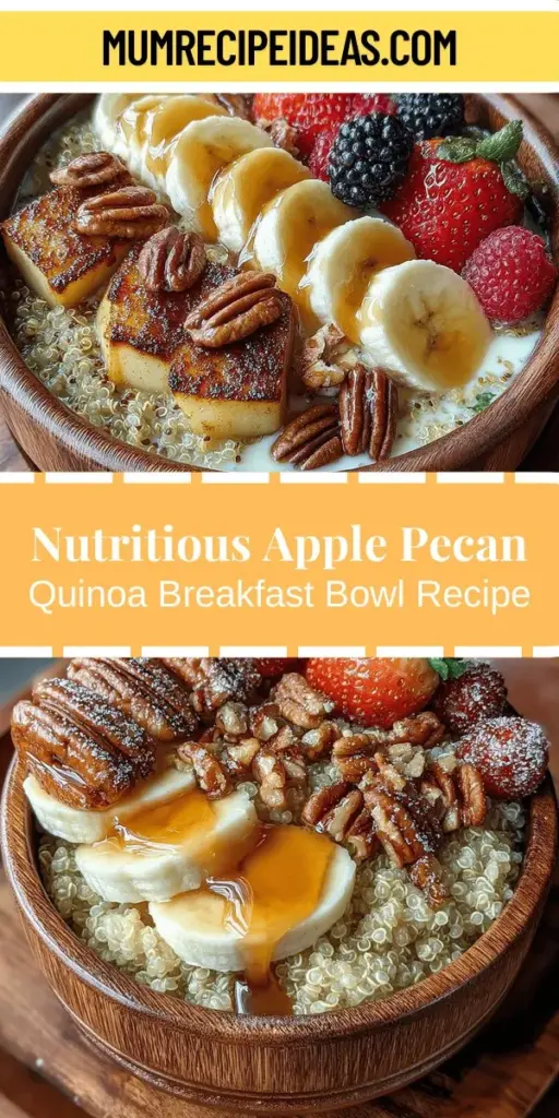 Start your day with a delicious and nutritious Apple Pecan Quinoa Breakfast Bowl! This recipe combines the ancient grain quinoa, which is packed with protein and fiber, with the sweet crunch of apples and the rich flavor of toasted pecans. Perfect for a balanced breakfast, this bowl is gluten-free and easy to customize with your favorite toppings. Fuel your morning with this wholesome meal that’s as satisfying as it is flavorful.