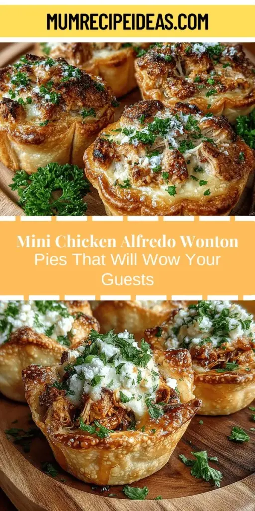 Discover the irresistible Mini Chicken Alfredo Wonton Pies, a creative blend of Italian and Asian flavors perfect for any occasion. These bite-sized delights feature shredded chicken and creamy Alfredo sauce wrapped in crispy wonton skins, making them a hit with kids and adults alike. With simple steps for preparation and assembly, you can quickly whip up a delicious appetizer that’s sure to impress your guests. Elevate your snack game and enjoy this comforting twist on a classic dish!