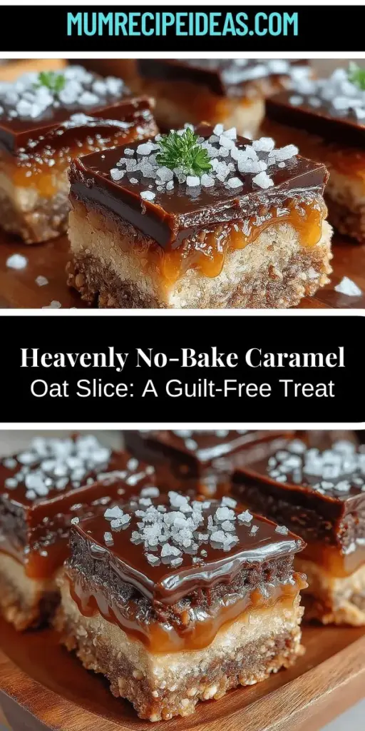 Discover the delightful Heavenly No-Bake Caramel Oat Slice, a perfect combination of flavor and nutrition. Made with wholesome ingredients like rolled oats, pitted dates, and nut butter, this no-bake treat is quick to prepare and packed with goodness. With a rich chocolate layer and a hint of sea salt, each bite is a satisfying blend of sweet and savory. Ideal for busy families, this recipe allows you to enjoy dessert without guilt. Perfect for snacks or indulgent moments!
