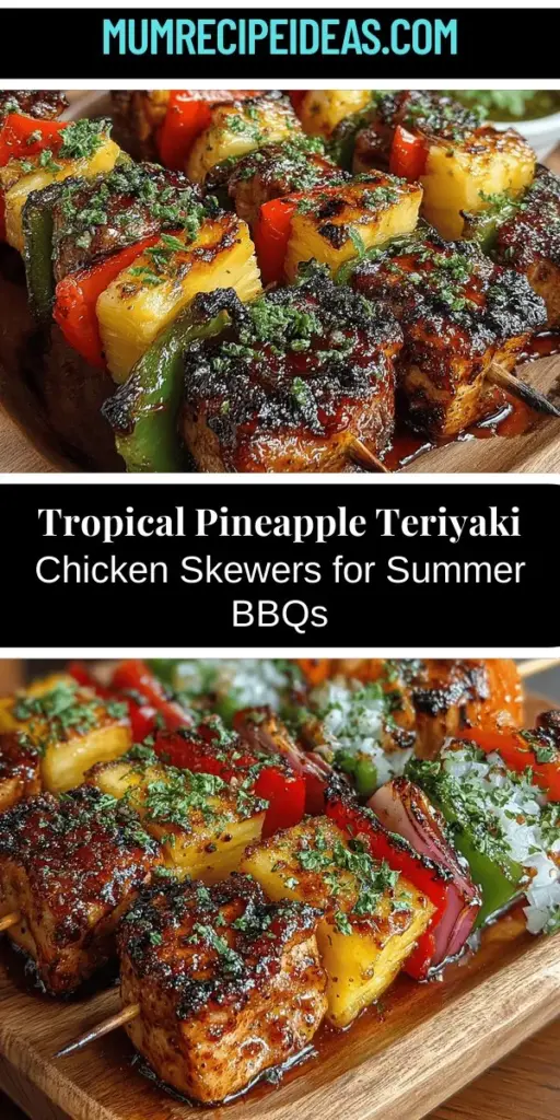 Transform your summer gatherings with Tropical Pineapple Teriyaki Chicken Skewers, the ultimate fusion dish that combines juicy chicken, sweet pineapple, and a savory teriyaki marinade. Perfect for barbecues or family dinners, these skewers are not just a meal but an experience that tantalizes the taste buds and brightens your table. Packed with vibrant colors and fresh ingredients, they're a healthy, crowd-pleasing option that brings a taste of paradise to your backyard. Try this delicious recipe and enjoy a healthy, flavorful treat that's sure to impress!