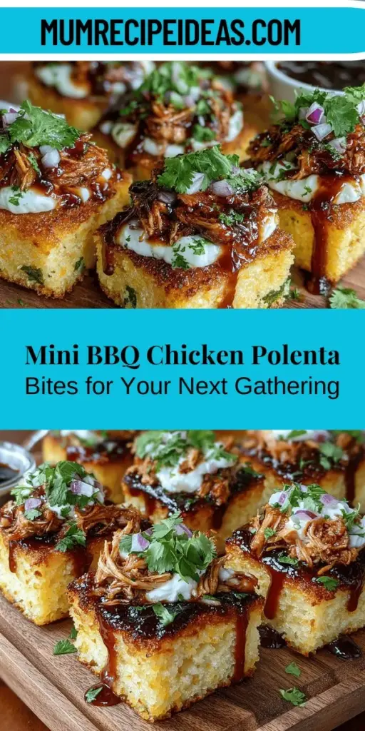 Mini BBQ Chicken Polenta Bites are the perfect crowd-pleasing appetizer that combines the rich flavors of BBQ chicken with the comforting texture of polenta. Ideal for any gathering, these delicious bites are easy to make and can be customized to fit various dietary needs. Enjoy a delightful contrast of crispy polenta and tender chicken, all topped with zesty BBQ sauce. Serve them at your next party or game day for an unforgettable culinary experience!