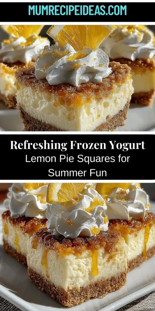 Beat the summer heat with Zesty Frozen Yogurt Lemon Pie Squares! This delightful dessert combines creamy Greek yogurt, fresh lemon juice, and a crunchy graham cracker crust for a refreshingly light treat. Simple to make and perfect for any occasion, these squares are not only delicious but also provide nutritional benefits with protein and vitamin C. Impress your family and friends this season with a dessert that's both indulgent and guilt-free!