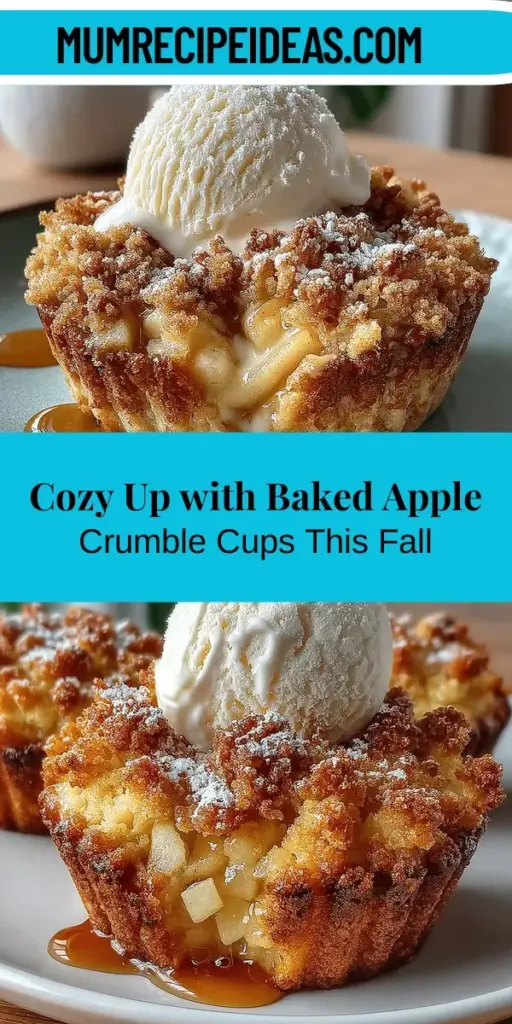 Experience the cozy delight of baked apple crumble cups, the perfect autumn dessert! These individual servings combine tender, spiced apples with a crunchy, buttery topping for a comforting treat. Ideal for family dinners or gatherings, each cup is filled with flavorful ingredients like Granny Smith and Honeycrisp apples, cinnamon, and oats. With simple preparation steps and the warmth of home-baked goodness, these cups will surely become a seasonal favorite. Enjoy warm with ice cream for a delightful finish!