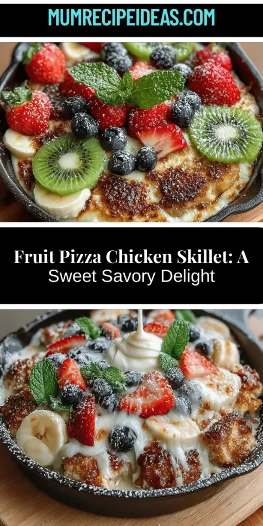 Discover the delicious and visually stunning Fruit Pizza Chicken Skillet, a unique fusion of savory and sweet flavors. This imaginative dish combines tender chicken, a creamy sweetened cream cheese layer, vibrant fresh fruits, and gooey melted mozzarella cheese for an unforgettable meal. Perfect for family dinners or lively gatherings, it's versatile enough to serve as a main course, side dish, or playful appetizer. Get ready to impress your guests with this delightful recipe!