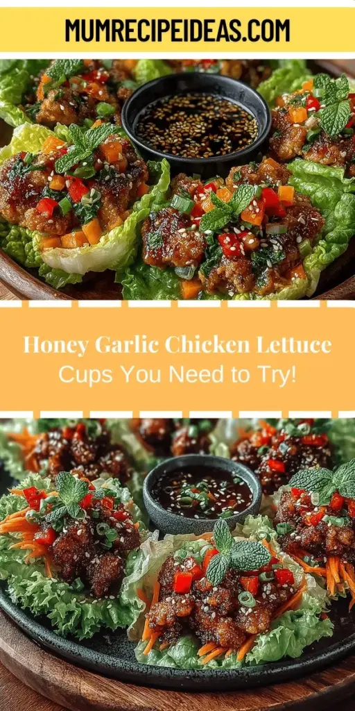 Discover the scrumptiousness of Honey Garlic Chicken Lettuce Cups, a vibrant and healthy twist on traditional wraps. These low-carb delights feature ground chicken delicately flavored with sweet honey, savory soy sauce, and aromatic garlic, all nestled in crisp lettuce leaves. Perfect for busy weeknights or entertaining, they are packed with protein and fresh veggies for added nutrition. Enjoy a satisfying crunch and a burst of flavor that will have everyone asking for seconds!
