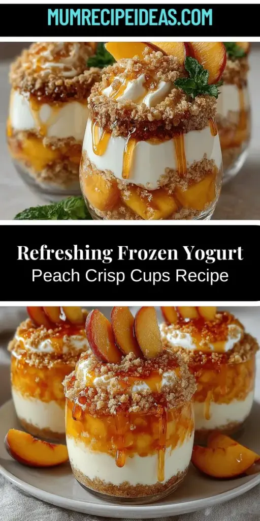 Beat the summer heat with these delicious Frozen Yogurt Peach Crisp Cups! This refreshing dessert combines juicy peaches, creamy Greek yogurt, and a crunchy oat topping for the perfect balance of flavor and texture. Easily prepared and perfect for gatherings or a relaxing afternoon treat, this recipe highlights the natural sweetness of ripe peaches enhanced with honey, vanilla, and cinnamon. Indulge in a guilt-free dessert that is both satisfying and nutritious!