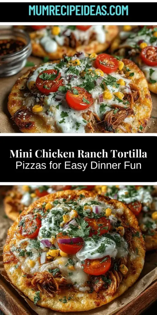 Get ready to enjoy a delicious twist on your favorite pizza with Mini Chicken Ranch Tortilla Pizzas! These easy-to-make mini pizzas use crispy tortillas as a base, topped with creamy ranch dressing, seasoned chicken, and your choice of fresh toppings. Perfect for quick weeknight dinners, casual gatherings, or tasty appetizers, this recipe is customizable to suit any palate and dietary preference. Experience the delightful combination of flavors and textures with every bite.