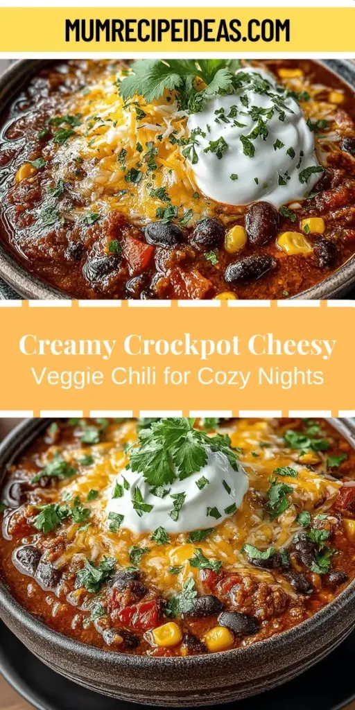 Looking for a comforting and nutritious meal? Try this Crockpot Cheesy Veggie Chili! Combining rich flavors and creamy textures, this recipe is packed with beans, vegetables, and melted cheese for added indulgence. The slow cooking process allows all ingredients to meld together beautifully, making it perfect for busy weeknights or family gatherings. Enjoy a hearty and satisfying dish that nourishes both body and soul, and customize it to fit your taste!