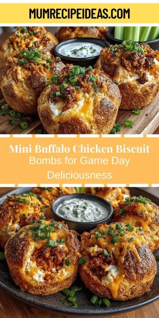 Discover the ultimate game-day snack with Mini Buffalo Chicken Biscuit Bombs! These bite-sized treats feature a warm, flaky biscuit filled with zesty buffalo chicken, cream cheese, and cheddar cheese, making them a crowd-pleasing delight. Perfect for gatherings or cozy nights in, these easy-to-make appetizers are sure to impress your guests. Get ready to whip up these flavorful bites and elevate your next party with this irresistible recipe!