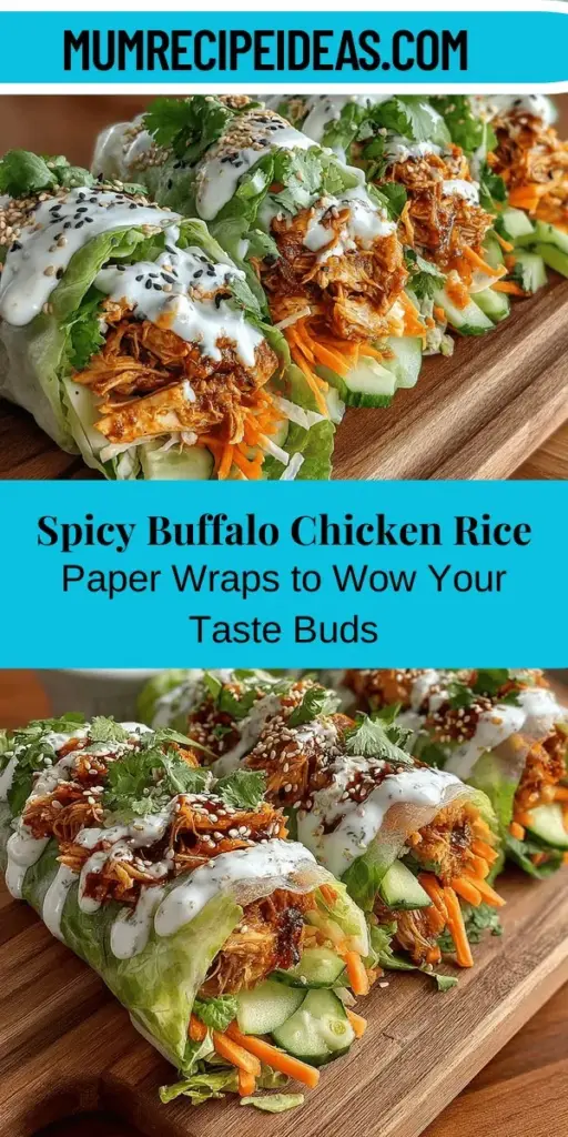 Discover a delightful twist on a classic favorite with Spicy Buffalo Chicken Rice Paper Wraps. These wraps combine the zesty flavors of buffalo chicken with the fresh crunch of rice paper for a light, healthy meal. Perfect for a quick lunch or a tasty appetizer, they'll satisfy your cravings while being lower in calories than traditional wraps. Customize your ingredients for a personal touch, and enjoy this flavorful, nutritious dish that's sure to impress!