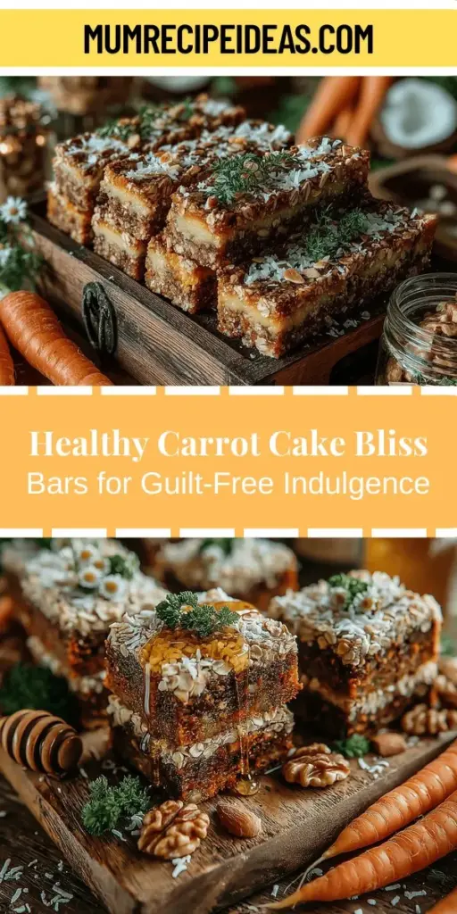 Indulge in the guilt-free goodness of Carrot Cake Bliss Bars, a healthy twist on traditional carrot cake! Packed with wholesome ingredients like rolled oats, grated carrots, and almond butter, these bars are perfect for busy days as a snack or dessert. They combine the rich flavors of cinnamon and nutmeg with a chewy texture that will satisfy your sweet cravings. Easy to prepare and customizable, these bliss bars are a delicious and nutritious treat for everyone!