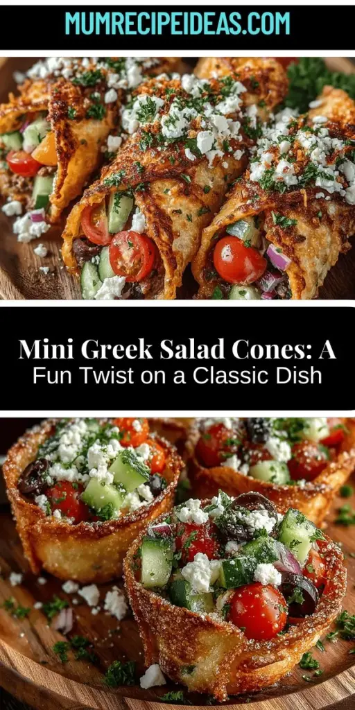 Discover a fun twist on the classic Greek salad with Mini Greek Salad Tortilla Cones. These delightful bite-sized treats combine crisp ingredients like cherry tomatoes, cucumbers, and feta cheese wrapped in crunchy tortilla shells. Perfect for parties, picnics, or family meals, they are easy to prepare and visually appealing. With customizable filling options and a vibrant dressing, these tasty cones are sure to impress your guests and make every gathering special!
