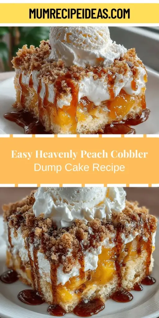 Bring warmth and nostalgia to your kitchen with this Heavenly Peach Cobbler Dump Cake. This easy-to-make dessert combines juicy peaches with a buttery cake topping for a delightful experience. Simply layer fresh or canned peaches in a baking dish, sprinkle with yellow cake mix, cinnamon, and brown sugar, and pour melted butter on top. Bake until golden brown, and enjoy a comforting treat that’s perfect for any occasion. Ideal for bakers of all skill levels!