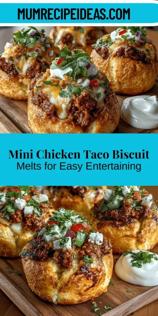 Mini Chicken Taco Biscuit Melts are a flavorful and fun twist on traditional tacos. Combining savory ground chicken with melted cheese, fresh veggies, and fluffy biscuit dough, these delightful bites are perfect for any occasion, from game day to family dinners. Easy to prepare and highly customizable, they encourage sharing and communal enjoyment. With their irresistible taste and wholesome ingredients, these mini melts are sure to impress everyone at the table.