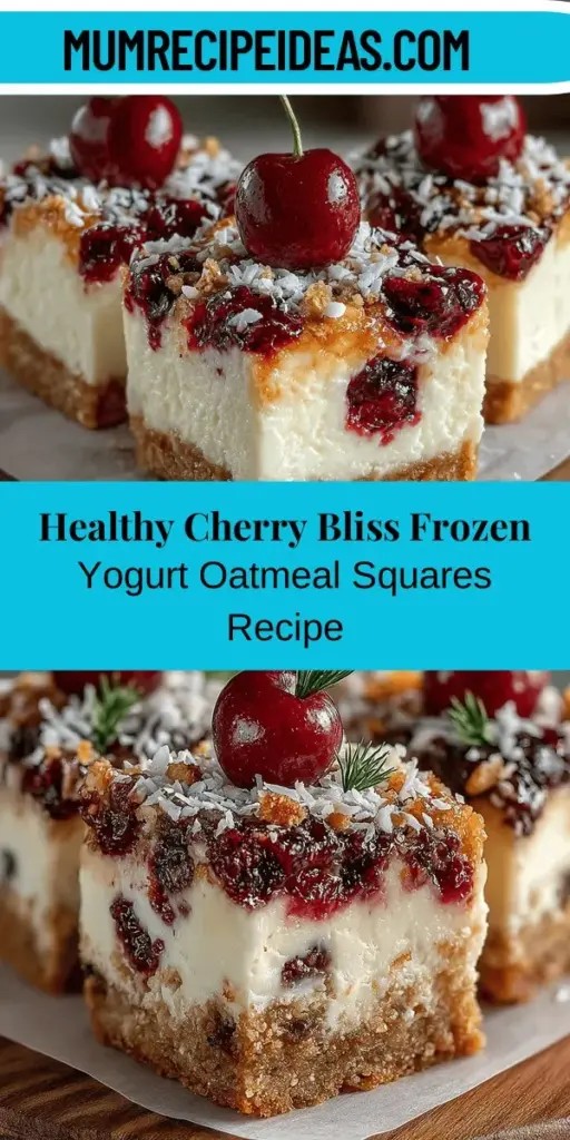 Discover a delicious way to satisfy your sweet tooth with Cherry Bliss Frozen Yogurt Oatmeal Squares. These wholesome treats combine the rich flavors of cherries with creamy yogurt and hearty oats, making them perfect for any dietary preference, from vegan to gluten-free. Packed with nutrients, they offer a guilt-free indulgence that doesn't compromise on taste. Ideal for snacks, picnics, or healthy desserts, this easy-to-follow recipe is a delightful addition to your snack rotation. Enjoy a sweet treat without the guilt!