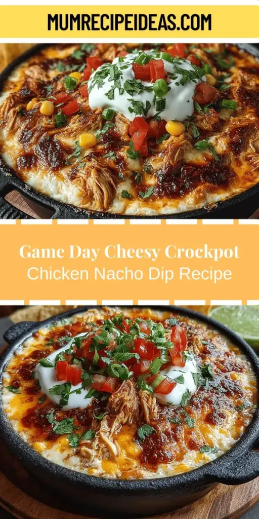 Transform your game day gatherings with this deliciously creamy Cheesy Crockpot Chicken Nacho Dip. Perfectly easy to make, this dish combines shredded chicken, cream cheese, and a blend of cheeses with zesty diced tomatoes and taco seasoning for an irresistible flavor. Just set your crockpot, let it work its magic, and enjoy a cheesy, crowd-pleasing dip that pairs beautifully with chips and veggies. Elevate your next event with this satisfying treat!