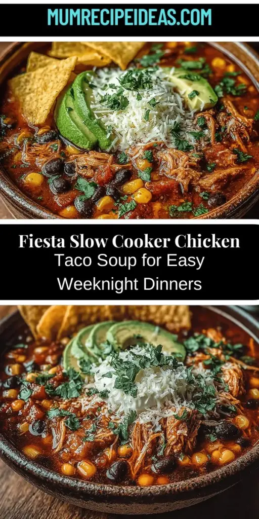 Discover the magic of Fiesta Slow Cooker Chicken Taco Soup, a comforting dish that marries the beloved flavors of tacos with the ease of slow cooking. This hearty soup boasts tender chicken, flavorful black beans, sweet corn, and zesty tomatoes, all simmering together for hours to enhance every bite. Perfect for busy weeknights, it's nutritious and customizable to fit your dietary needs. Elevate your meal with toppings like avocado, cilantro, and cheese for a delightful dining experience!