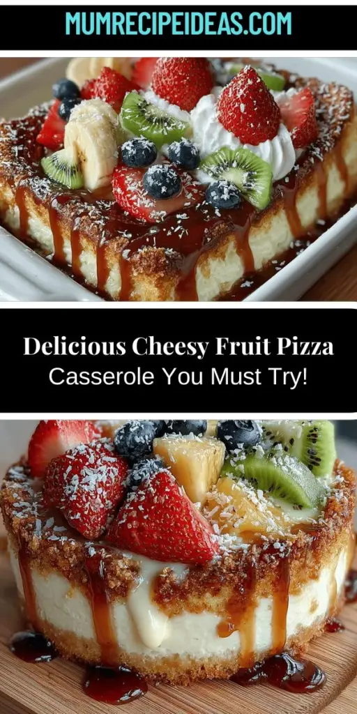 Discover the delightful Cheesy Fruit Pizza Casserole, a unique dessert that combines sweet and savory flavors into a mouthwatering dish perfect for any gathering. This recipe features a buttery crust, a creamy cheese layer, and a colorful fruit topping that will appeal to all ages. Easy to customize with your favorite fruits, this casserole is not just a treat for the taste buds but a stunning centerpiece for your table. Enjoy a satisfying blend of textures with each bite!