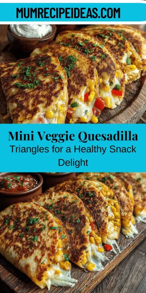 Discover the joy of cooking with Mini Veggie Quesadilla Triangles, a healthy and delicious snack perfect for any occasion. These bite-sized treats combine whole wheat tortillas, mozzarella cheese, black beans, and a colorful mix of fresh vegetables like bell peppers and zucchini. Packed with nutrients, they are easy to prepare and can be customized to suit dietary preferences. Ideal for game nights, casual gatherings, or family meals, these quesadillas are as versatile as they are tasty!