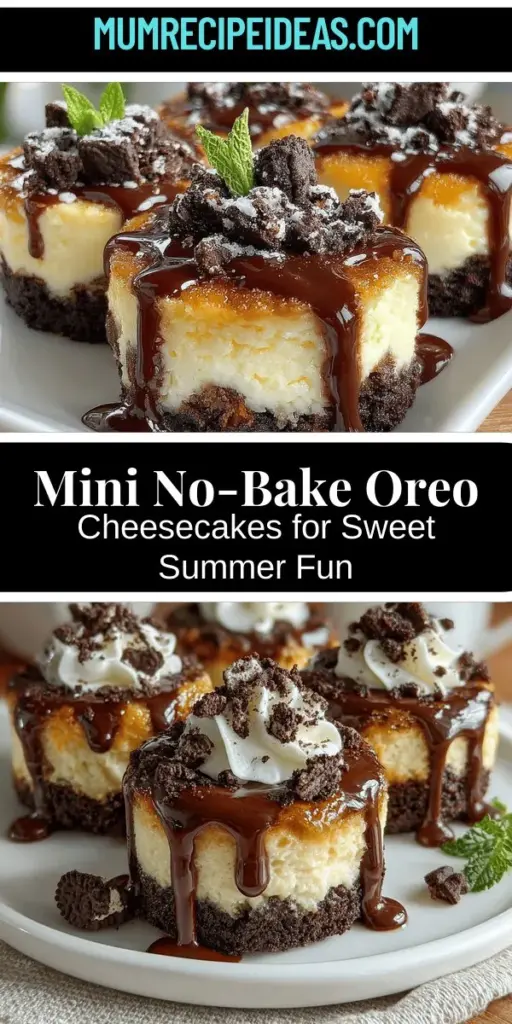 Delight in the simplicity of Mini No-Bake Oreo Cheesecakes, a perfect dessert for any warm day. With a creamy cheesecake filling and a crunchy Oreo crust, these mini treats are a breeze to whip up without turning on the oven. Ideal for gatherings or for satisfying your sweet tooth at home, this recipe combines rich flavors with minimal effort. Enjoy making these delicious cheesecakes and impress your family and friends with this easy-to-follow recipe!