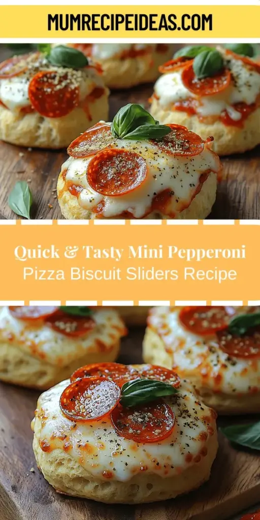 Mini Pepperoni Pizza Biscuit Sliders are the ultimate crowd-pleaser for gatherings and weeknight dinners alike. With simple ingredients like refrigerated biscuit dough, savory pepperoni, gooey mozzarella cheese, and zesty pizza sauce, these sliders are quick to prepare and irresistible. Bake them until golden brown for a delightful crunch, then serve with a variety of dipping sauces. Customize with your favorite toppings for a fun twist on traditional pizza that everyone will love!