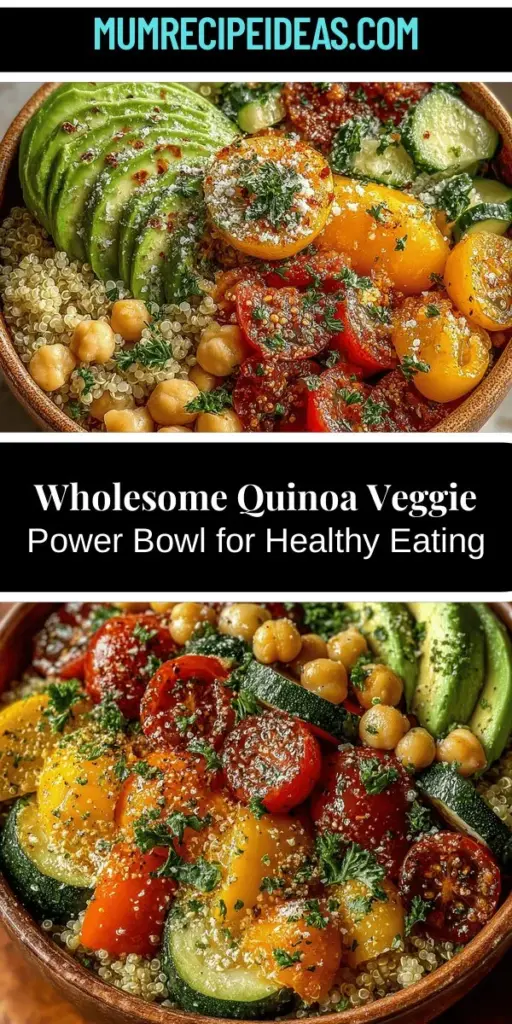 Discover the vibrant and nutritious Wholesome Quinoa & Veggie Power Bowl, a perfect meal for health enthusiasts and busy individuals alike. This delightful dish combines quinoa, fresh vegetables, and chickpeas to create a nutrient-dense power bowl packed with protein and fiber. Easy to prepare, it's ideal for meal prepping and can be customized with your favorite seasonal ingredients. Enjoy a balanced, satisfying meal that's as good for your body as it is for your taste buds.