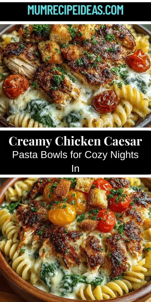 Discover the ultimate comfort food with Creamy Baked Chicken Caesar Pasta Bowls, a delightful fusion of classic flavors and hearty ingredients. This easy-to-make dish features tender chicken, creamy Caesar dressing, and a blend of cheeses, all baked to golden perfection. Ideal for family gatherings or busy weeknights, it invites customization to suit personal tastes. Enjoy its rich, creamy texture while adding a burst of freshness with cherry tomatoes and spinach for a satisfying meal anyone will love. Perfect for sharing, this recipe is sure to become a favorite in your home cooking repertoire.