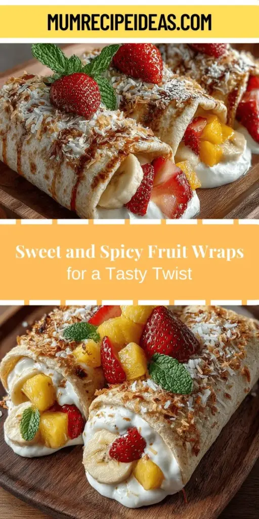Discover the deliciousness of Sweet and Spicy Fruit Wraps! This versatile recipe combines fresh fruits with whole wheat tortillas, cream cheese, and a hint of chili powder for a unique flavor experience. Packed with vitamins and fiber, these wraps make for a nutritious snack, light meal, or vibrant appetizer. Easy to prepare in under 20 minutes, they can be customized to your taste, perfect for any occasion. Enjoy a delightful balance of sweetness and spice!