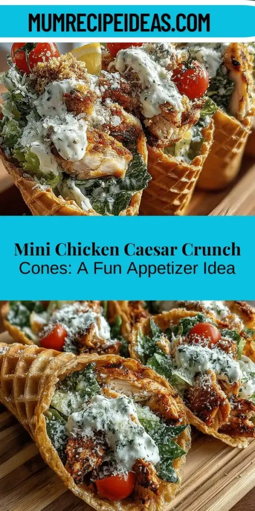 Discover a fun and delicious twist on a classic favorite with Mini Chicken Caesar Crunch Cones! These unique appetizers combine savory shredded chicken, crisp romaine lettuce, and creamy Caesar dressing in a playful mini waffle cone. Perfect for parties, picnics, or family gatherings, they are not only visually appealing but also customizable to suit your dietary needs. Impress your guests with this stylish and tasty treat that elevates any occasion!