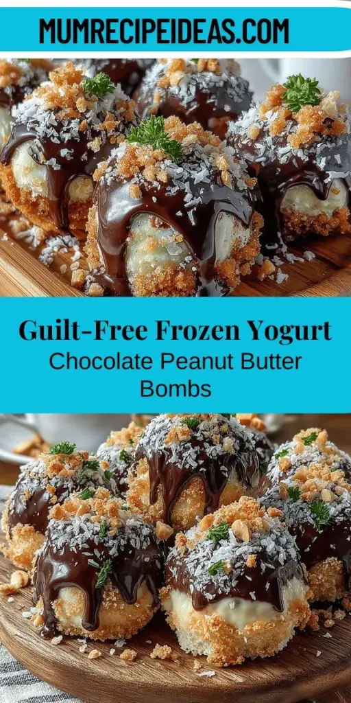 Satisfy your sweet tooth with these Frozen Yogurt Chocolate Peanut Butter Bombs! This delectable recipe is a healthy alternative to traditional ice cream, combining creamy Greek yogurt, rich peanut butter, and dark chocolate for a guilt-free treat. Customize them with your choice of toppings like nuts or coconut for added flavor and texture. Perfect for any occasion, these treats are easy to make and packed with nutrition, making them a delightful indulgence you can feel good about. Enjoy them straight from the freezer or pair with fresh fruit for a fresh twist!