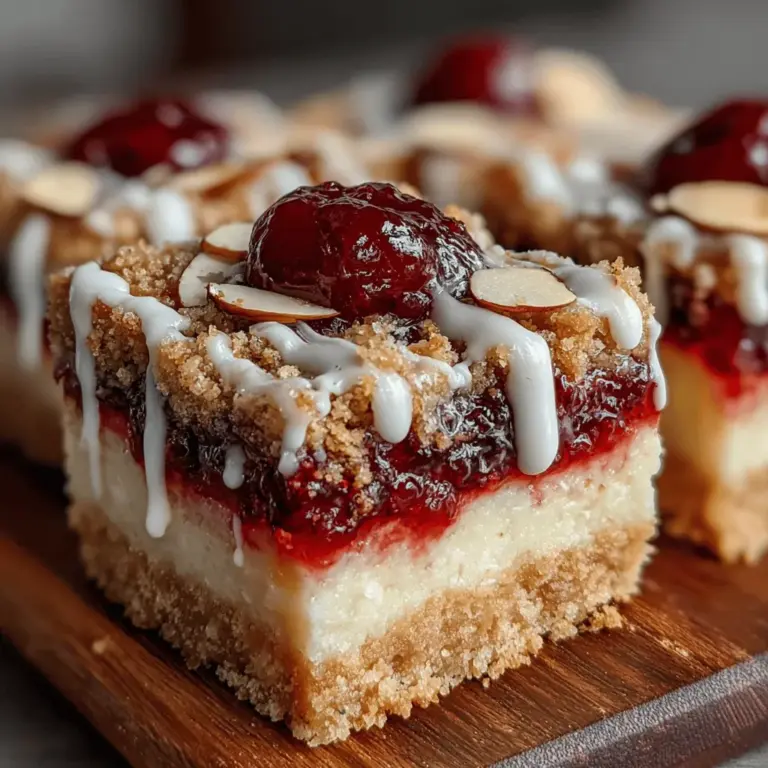 In the world of desserts, few things can rival the joy of homemade pie bars, especially when they feature the vibrant flavors of cherries and the nutty essence of almond. Cherry Bliss Pie Bars with Almond Glaze are not just a treat for the taste buds; they are a feast for the eyes. These delightful bars combine a luscious cherry filling with a buttery crust, topped off with a smooth almond glaze, making them perfect for gatherings, picnics, or simply indulging at home. The combination of sweet and tart cherries, complemented by the rich and warm notes of almond, creates a dessert experience that is sure to impress.