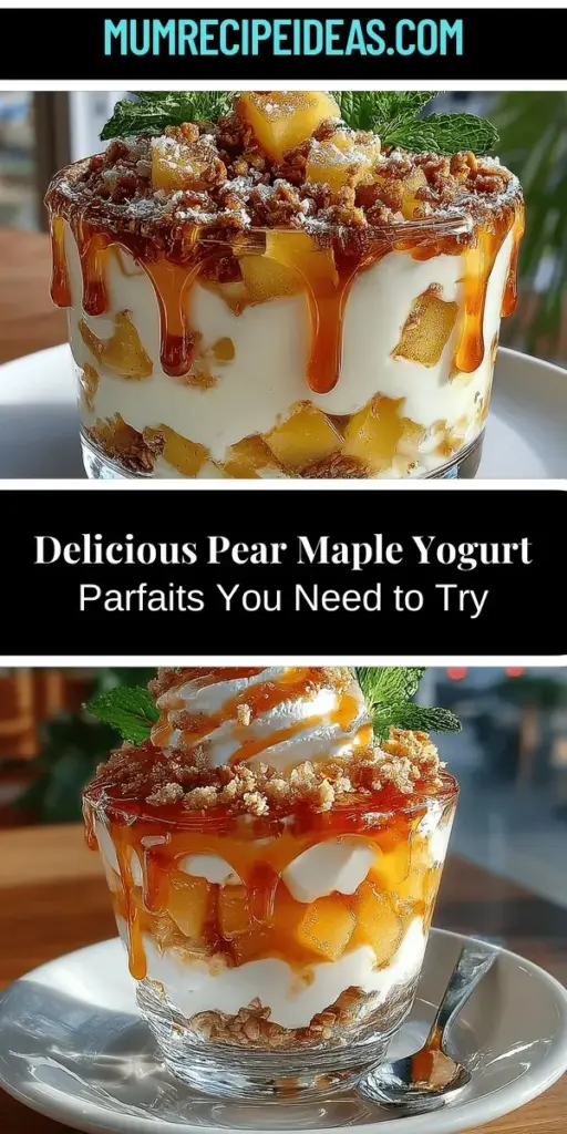 Indulge in the wholesome goodness of Pear Maple Yogurt Parfaits! This delightful treat combines ripe pears, creamy Greek yogurt, and sweet maple syrup for a flavor explosion in every bite. Packed with nutrients, including fiber and protein, these parfaits are perfect for breakfast, a snack, or a light dessert. Their simple preparation and beautiful presentation make them an enticing choice any time of the day. Explore the recipe and enjoy the health benefits of this delicious dish!