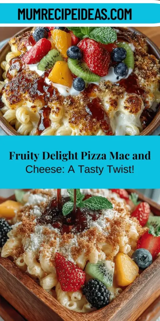 Discover the delightful Fruity Delight Pizza Mac and Cheese, a creative fusion that combines the comfort of classic mac and cheese with the refreshing taste of seasonal fruits. This visually stunning dish features creamy cheddar and mozzarella, tender elbow macaroni, and juicy fruit pieces like peaches and strawberries. Perfect for family dinners or gatherings, it's a fun recipe that invites customization and creativity. Elevate your dining experience with this unique culinary adventure!
