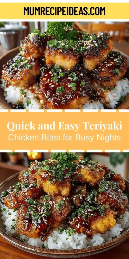 Discover the joy of cooking with our Quick & Zesty Teriyaki Chicken Bites recipe! This easy and flavorful dish brings together tender chicken marinated in a homemade teriyaki sauce, complete with aromatic garlic and ginger. Perfect for weeknight dinners or as a crowd-pleasing appetizer, these bites are not only delicious but also nutritious. Serve them over rice or with fresh veggies for a well-rounded meal that everyone will love. Get ready to impress your family and friends!