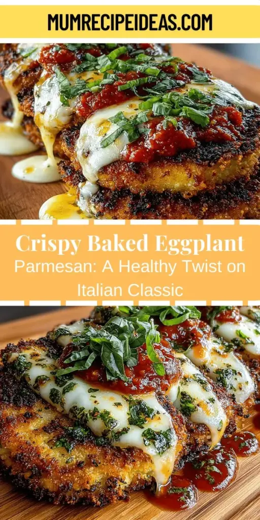 Discover a healthier twist on a classic favorite with our Baked Crispy Eggplant Parmesan Delight. This dish features layers of perfectly baked eggplant, rich marinara sauce, and gooey cheese, all while cutting down on calories and fat. Fresh ingredients and a flavorful breading elevate this comfort food, making it a delightful addition to any meal. Enjoy a nutritious yet indulgent dish that's perfect for gatherings or a cozy dinner at home.