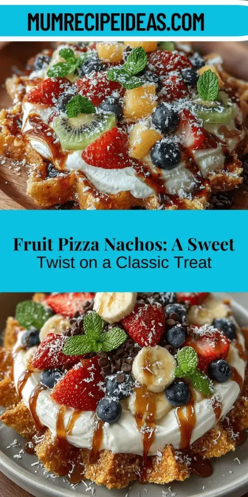Discover the delicious fusion of flavors in Fruit Pizza Nachos Supreme! This unique dessert combines crispy tortilla chips with a creamy filling and a colorful array of fresh fruits, making it a perfect treat for any occasion. Ideal for summer barbecues or cozy family nights, this visually stunning dish is not only a feast for the eyes but also a delight for the taste buds. With optional toppings to personalize, it’s easy to create a memorable dessert that everyone will love.