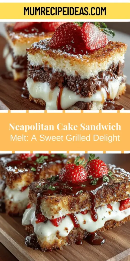 Discover the deliciously innovative Grilled Neapolitan Cake Sandwich Melt, a creative twist on a classic dessert. This recipe combines the rich flavors of chocolate, vanilla, and strawberry in a fun, sandwich format perfect for gatherings or a sweet treat at home. Enjoy the warm, melty goodness of layered cake, complemented by strawberry jam, whipped cream, and chocolate hazelnut spread. Impress your friends and family with this unique dessert that's as visually stunning as it is tasty!