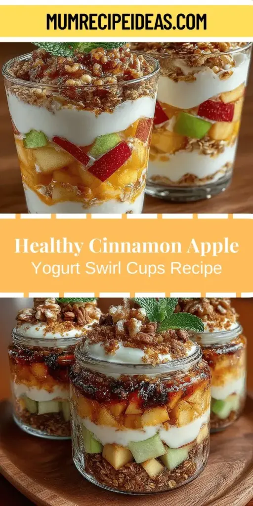 Discover a deliciously healthy treat with Cinnamon Apple Yogurt Swirl Cups. This simple recipe brings together fresh apples, creamy Greek yogurt, and a hint of sweetness from maple syrup, making it perfect for breakfast, a snack, or a light dessert. Enjoy the nutritional benefits of fiber-rich apples and protein-packed yogurt, while the warmth of cinnamon adds flavor and comfort. Quick to prepare and easy to customize, these yogurt cups are sure to impress and satisfy your sweet cravings.