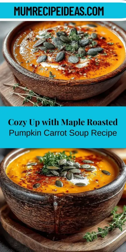 Embrace the cozy flavors of autumn with this Maple Roasted Pumpkin & Carrot Soup recipe. Perfect for chilly nights, this rich and velvety soup combines the sweetness of roasted pumpkin and carrots with a hint of pure maple syrup. Packed with essential vitamins and nutrients, it’s a wholesome choice for your fall menu. Gather your fresh ingredients, warm your kitchen, and enjoy a comforting bowl that celebrates the season's bounty. Perfect for sharing with family or enjoying solo, this soup will quickly become a seasonal favorite.