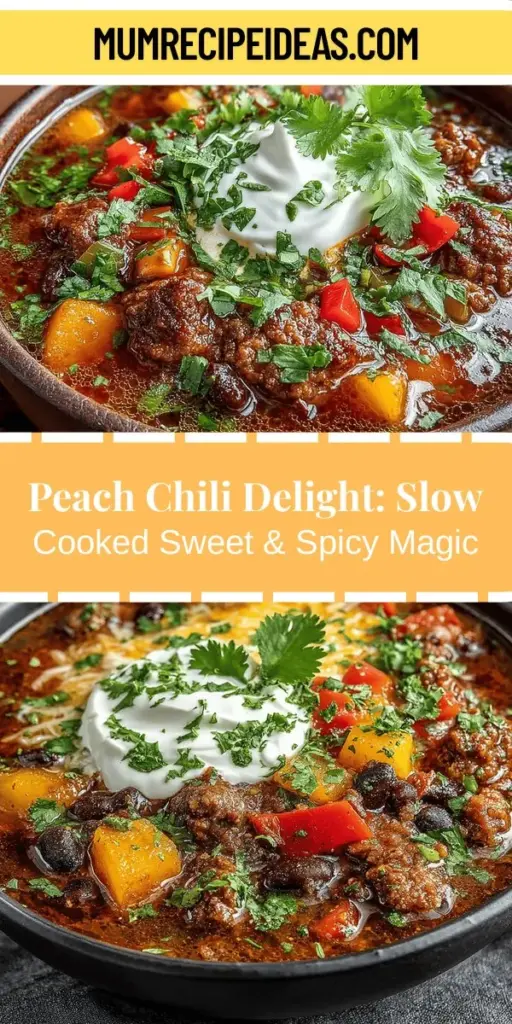 Discover the mouthwatering Spicy Sweet Harmony: Slow Cooker Peach Chili, a delightful blend of sweet peaches and spicy chili that promises to elevate your dinner experience. This easy-to-make dish is perfect for any occasion, merging comforting and exciting flavors. Slow cooking allows the ingredients to meld beautifully, creating layers of sweetness and heat. Ideal for meal prep, it’s packed with nutrition from protein-rich meat, beans, and vitamin-rich peaches. Gather your ingredients and enjoy a culinary masterpiece!
