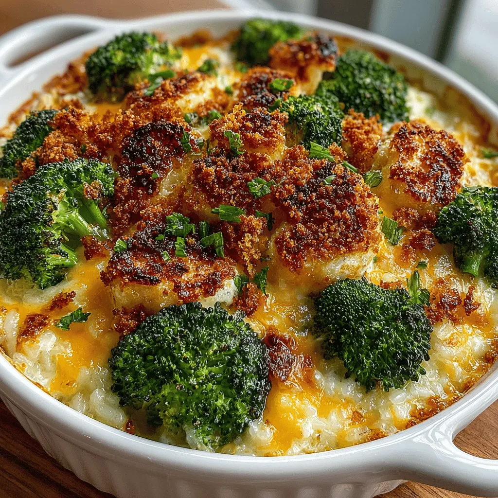 To start crafting your Cheesy Broccoli and Rice Casserole Delight, heat a tablespoon of olive oil in a large skillet over medium heat. Once the oil is shimmering, add one diced onion and two cloves of minced garlic. Sauté them until they become fragrant and the onions turn translucent, about 3-5 minutes. This step is crucial as it builds a savory foundation for the casserole, enhancing the overall flavor profile. The aromatic qualities of the onion and garlic will infuse the dish, ensuring every bite is filled with depth and warmth.