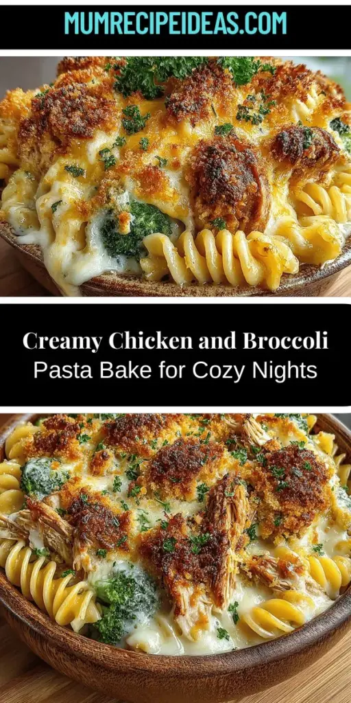 Discover the ultimate comfort food with this creamy chicken and broccoli pasta bake! This delicious casserole combines tender chicken, vibrant broccoli, and pasta in a rich, cheesy sauce that's perfect for family dinners or meal prep. Easily customizable to fit various dietary needs, this dish can be adapted with different proteins and vegetables. With its satisfying flavors and creamy texture, it's sure to please everyone at the table. Enjoy a slice of warmth and comfort today!