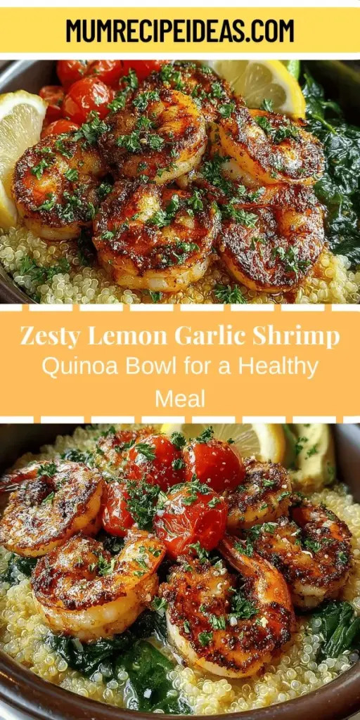 Looking for a delicious and nutritious meal? The Zesty Lemon Garlic Shrimp and Quinoa Bowl is the perfect choice! This vibrant dish features succulent shrimp marinated in zesty lemon and garlic, served over fluffy quinoa and topped with fresh greens and creamy avocado. Packed with essential nutrients, it supports a healthy lifestyle while tantalizing your taste buds. Ideal for meal prep, quick dinners, or light lunches, this bowl promises a delightful eating experience!