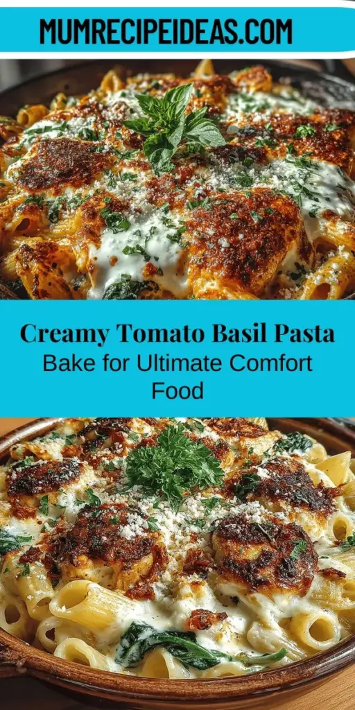 Discover the joy of home cooking with this Creamy Tomato Basil Pasta Bake, a delightful comfort food that everyone will love! This dish combines tender penne pasta with a rich creamy sauce, fresh basil, and vibrant tomatoes for a mouthwatering experience. Perfect for family dinners or gatherings with friends, this versatile recipe is both easy to make and packed with nutrition. Elevate your mealtime comfort with this irresistible pasta bake that will have everyone coming back for seconds!