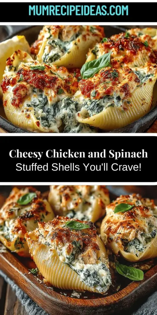Looking for a comforting dish that combines flavors and nutrition? Try Cheesy Chicken & Spinach Stuffed Shells, a delicious recipe that's perfect for family dinners or special gatherings. These jumbo pasta shells are generously filled with a creamy mixture of tender chicken, fresh spinach, and a blend of ricotta, mozzarella, and Parmesan cheeses. With the convenience of cooked chicken and easy preparation, this dish is sure to impress your loved ones while providing a satisfying and wholesome meal. Enjoy the perfect balance of taste and nutrition with every bite!