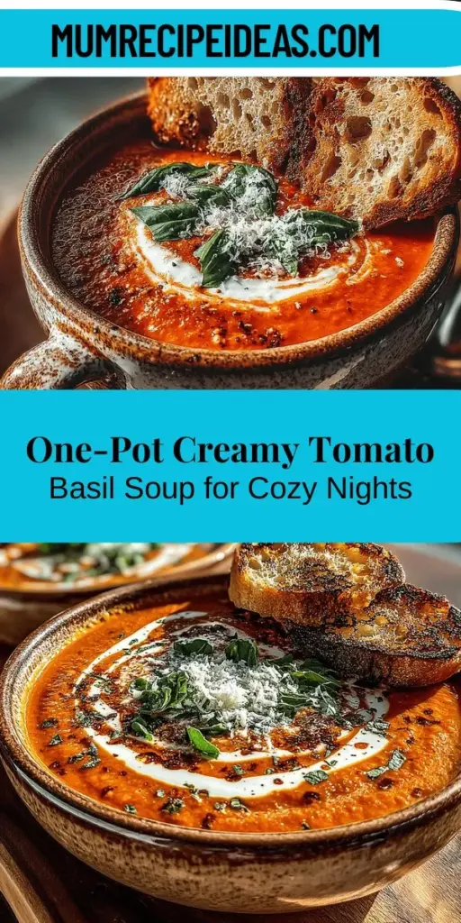 Indulge in the warmth and comfort of the Heavenly One-Pot Creamy Tomato Basil Soup. This delightful dish combines fresh tomatoes and aromatic basil for a rich, velvety texture that pairs perfectly with grilled cheese or crusty bread. Perfect for busy evenings, this easy one-pot meal not only saves time on cleanup but also allows customization to fit dietary preferences, making it a versatile favorite for any occasion. Embrace the simplicity and deliciousness today!